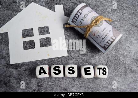 La parola "asset" scritta su cubi di legno con l'icona "asset" sul tavolo Foto Stock