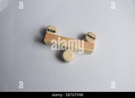 Le parole profitto e rischio sono scritte su un alveare fatto di blocchi di legno su sfondo bianco. concetto di analisi dei profitti e dei rischi in ambito aziendale o di rischio Foto Stock