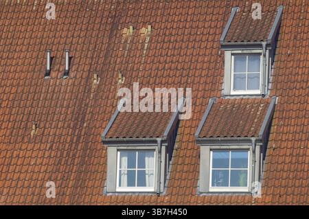 Vista ravvicinata di un tetto inclinato con piastrelle di argilla rossa, tre finestre dormitorio e due camini Foto Stock