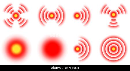 Icona del dolore cerchio rosso. Punto per l'illustrazione del bersaglio di muscoli doloranti, stomaco o testa. Set di elementi vettoriali per la dimostrazione dell'infiammazione articolare. Illustrazione Vettoriale
