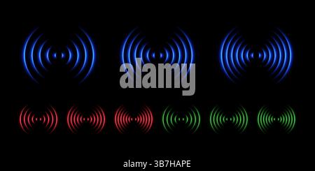 Effetto di luce al neon a onde sonore. Eco con bagliore laser concentrico. Gruppo vettoriale di elementi in blu, verde e rosso. Illustrazione Vettoriale