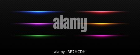 Linea di luce al neon con effetto flare. Divisore laser a incandescenza. Colorate strisce LED di colore blu, verde e oro. Set vettoriale di bastoncini futuristici isolati su sfondo trasparente. Illustrazione Vettoriale