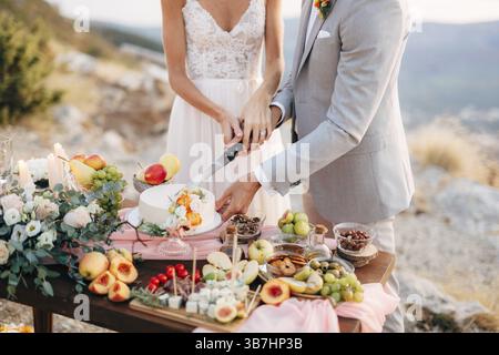 La sposa e lo sposo tagliano una torta durante un tavolo a buffet dopo la cerimonia nuziale sul Monte Lovcen, primo piano. Foto Stock