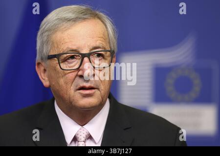 Bruxelles, Belgio - 30 Gennaio 2017: il Presidente della Commissione Europea Jean Claude Juncker parla ai media dopo un incontro con il presidente bulgaro a livello di Unione europea egli Foto Stock