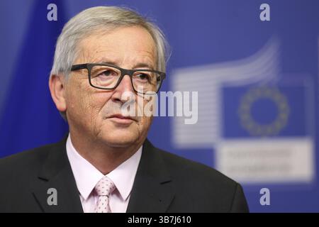 Bruxelles, Belgio - 30 Gennaio 2017: il Presidente della Commissione Europea Jean Claude Juncker parla ai media dopo un incontro con il presidente bulgaro a livello di Unione europea egli Foto Stock