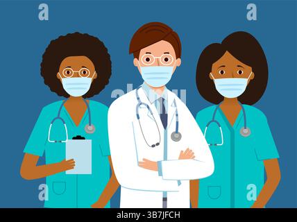 Gruppo di medici della clinica medica. Medico in bolla bianca su sfondo blu Illustrazione Vettoriale