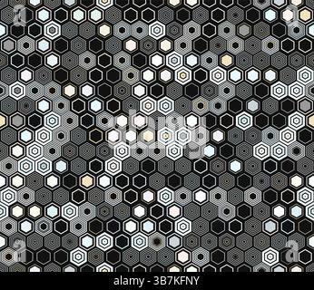 Schema esagonale. Elementi geometrici di vari stili e colori. Forme geometriche a nido d'ape. Modello a piastrelle. Sfondo senza interruzioni. Illustrazione Vettoriale