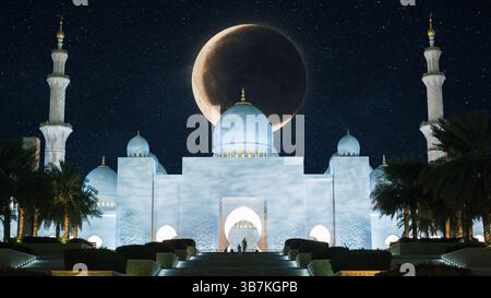 Happy Ramadan Kareem background Design con silhouette Moschea e Crescent Moon. Mosque Arabian di notte sul cielo stellato con Una grande Luna Foto Stock