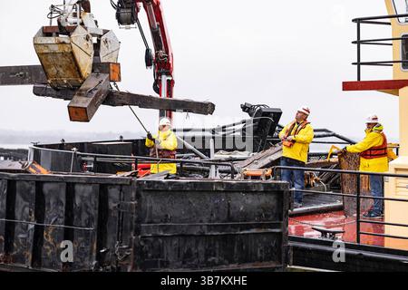 1 aprile 2024, Dundalk, MD, Stati Uniti d'America: U.S. Army Corps of Engineers Salvage Operators Remove Debris from the Collapsed Francis Scott Key Bridge, 1 aprile 2024, vicino a Dundalk, Maryland. Il ponte fu colpito dalla nave portacontainer di 984 piedi il 26 marzo e crollò uccidendo sei lavoratori. (Immagine di credito: © David Adams/US Army/Planet Pix via ZUMA Press Wire) Foto Stock