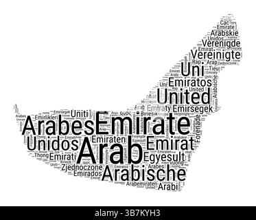 Nuvola di parole in bianco e nero a forma di Emirati Arabi Uniti. Semplice illustrazione del paese in stile tipografico. Fumetto di testo nero semplice degli Emirati Arabi Uniti su sfondo bianco. Illustrazione Vettoriale
