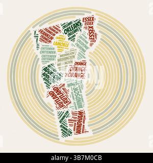 Poster rotondo del Vermont. Immagine dello stato in stile tipografico. Le nuvole di parole della contea del Vermont. Design vintage con texture graffiante. Illustrazione Vettoriale