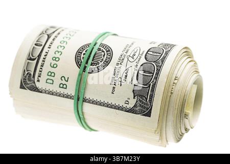 Rotolo di dollari isolato su sfondo bianco Foto Stock