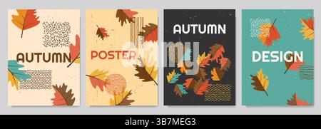 Illustrazione vettoriale. Set di striscioni autunnali alla moda con effetto carta graffiata ed elemento disegnato in stile nordico. Lascia cadere lo sfondo. Design Illustrazione Vettoriale
