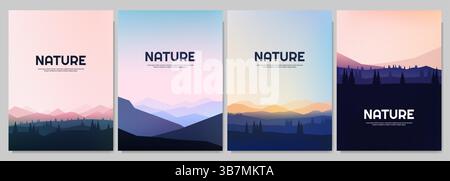 Illustrazione vettoriale. Set di paesaggi naturali. Montagne poligonali, alberi di foresta, cielo limpido. Stile piatto minimalista e geometrico. Design per poster Illustrazione Vettoriale