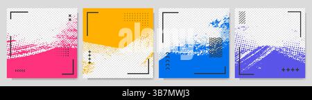 Illustrazione vettoriale. Set di cornici a colori astratte disegnate a mano con elementi geometrici. I tratti del pennello di inchiostro si disordinano con i punti mezzitoni. Progettare per i social media Illustrazione Vettoriale
