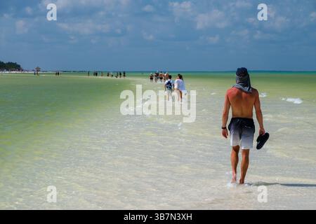 Holbox, Messico - 10 febbraio 2025: Un uomo cammina a piedi nudi lungo il banco di sabbia sulla via del ritorno da Punta Mosquito, incorniciato dalle acque calme e poco profonde e. Foto Stock