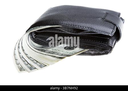 Nero portafoglio in pelle con dollari isolato bianco Foto Stock