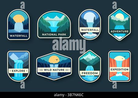 Pacchetto di badge naturali con paesaggi a cascata, foreste e tramonti stilizzati. Concetto di viaggio, escursionismo e campeggio Illustrazione Vettoriale