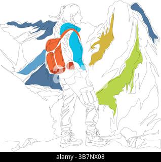 Una ragazza che disegna la linea sta facendo un'escursione in montagna. Viaggi, vacanze, vacanze e avventura. Natura e paesaggio. Grafica del disegno a linee continue Illustrazione Vettoriale