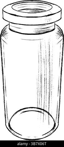 Si tratta di un vaso in vetro trasparente completo di coperchio, perfetto per riporre e conservare tutti i tipi di articoli. Grafica vettoriale disegnata a mano, grafica in bianco e nero isolata su sfondo bianco. Illustrazione Vettoriale