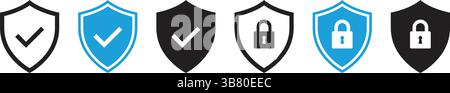 Set di icone di protezione vettoriale con segni di spunta e lucchetti, che simboleggiano protezione, sicurezza e privacy. Ideale per progetti di sistemi sicuri. Illustrazione Vettoriale