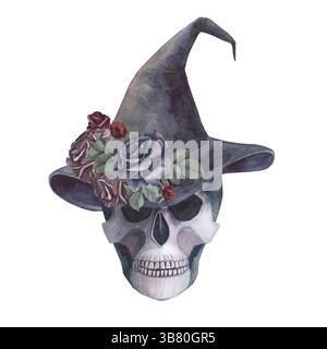 Texture magica gotica Scull isolata su sfondo bianco. Illustrazione del cranio di schizzo di elementi esoterici disegnati a mano ad acquerello. Arte per il design mistico Foto Stock
