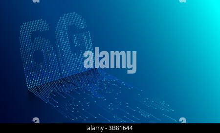 Background sulla tecnologia 6G. Dati digitali come cifre collegate tra loro e formano il simbolo 6G su sfondo blu. Reti mobili e stagista di nuova generazione Illustrazione Vettoriale