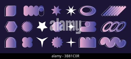 Collezione di icone gradiente forma Y2K - forme geometriche rosa viola, stelle che esplodono, cornici per stencil, forme astratte liquide fluide. Elementi grafici dal design vaporwave, stile retrò anni '90 alla moda. Illustrazione Vettoriale