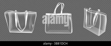 Set di mockup per borse trasparenti: Confezione grande per la spesa, sacco da regalo medio, astuccio per borse. Tasche in plastica trasparente con cerniera. Custodia da trasporto in varie angolazioni per il design del marchio di imballaggio. Illustrazione Vettoriale