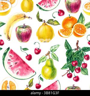 Acquerello e frutti di bosco (arancia, ciliegia, mela, anguria, pera, banana, cotogna) patten. Frutta disegnata a mano. Impianti per la progettazione di tessuti, il confezionamento Foto Stock