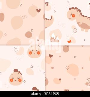 Un set di quattro motivi kawaii per bambini senza cuciture disegnati in colori bohémien pastello neutri con dinosauri, cuori e macchie di colore. Illustrazione Vettoriale