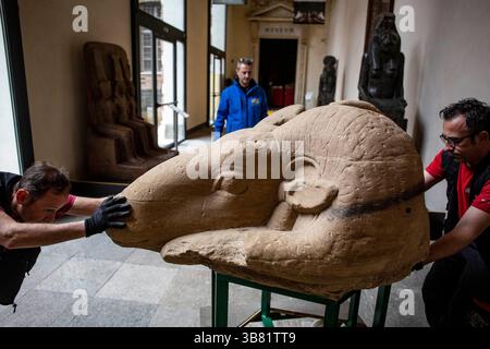23 febbraio 2024, Torino, Piemonte, Italia: Le statue di dei e faraoni della Galleria dei Re del Museo Egizio saranno esposte in una nuova mostra temporanea, a partire dal 23 aprile, nell'atrio del Museo Egizio in occasione del 200° anniversario della nascita del museo (immagine di credito: © Simone Dalmasso/ZUMA Press Wire) Foto Stock