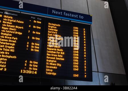Visualizzazione elettronica dell'orario dei treni alla stazione con indicazione degli orari di partenza e dei numeri dei banchi Foto Stock