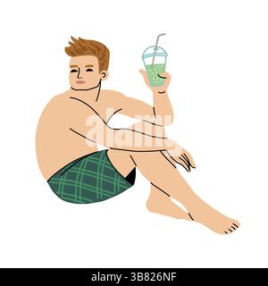 Uomo che si rilassa con cocktail in pantaloncini sulla spiaggia Illustrazione Vettoriale