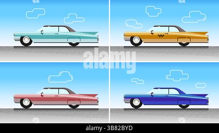 Auto d'epoca retrò colorate con taxi in vari design e Sky background display Illustrazione Vettoriale