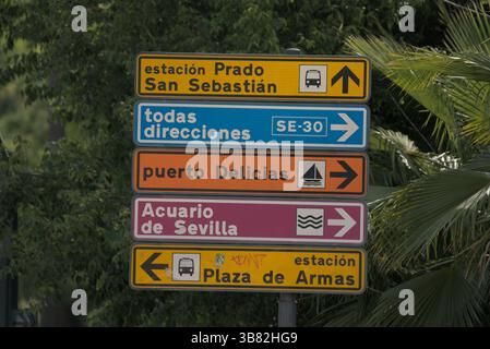 Cartelli stradali colorati a Siviglia, Andalusia, Spagna, che mostrano le indicazioni per le stazioni principali, il porto e le attrazioni turistiche. Siviglia, Spagna Foto Stock