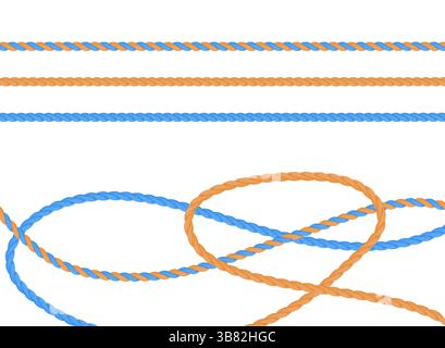 Corde. Set di filettature intrecciate 3D blu e gialle. Illustrazione vettoriale realistica su sfondo bianco. Illustrazione Vettoriale