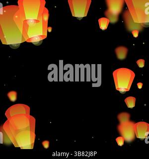 Lanterne che fluttuano nel cielo notturno. Vacanze in Thailandia con lanterne di carta che volano nel cielo notturno. Celebrazioni per il festival delle lanterne. Vettore i Illustrazione Vettoriale