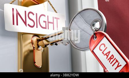 Clarity porta a Insight: È la chiave per accedere alle informazioni. Una metafora della chiave della porta che mostra come la chiarezza sia una chiave per accedere alle informazioni. E' un elemento necessario Foto Stock