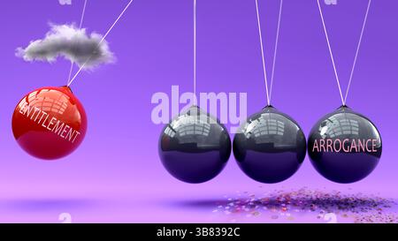 Il diritto porta all'arroganza. Una metafora della culla di Newton che mostra come il diritto innesca l'arroganza. Rapporto di causa ed effetto tra loro. Vizioso c Foto Stock