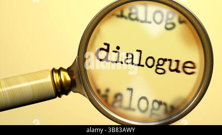 Finestra di dialogo sotto la lente di ingrandimento. Analisi e ispezione approfondite del dialogo. Un'occhiata più approfondita al dialogo. Esame del concetto di dialogu Foto Stock