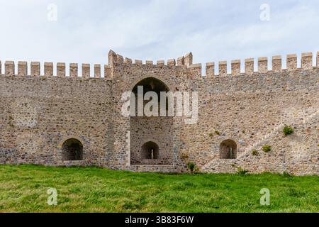 Splendida porta d'ingresso in pietra ad arco nel muro di un'antica fortezza Foto Stock