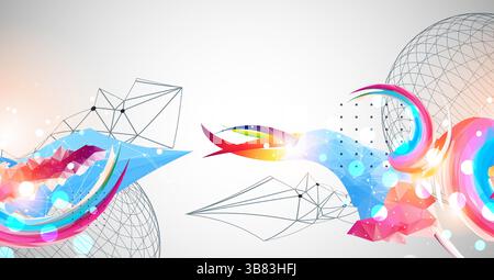 Opera d'arte astratta con onde colorate, forme poligonali e shphere wireframe. Vettore Illustrazione Vettoriale