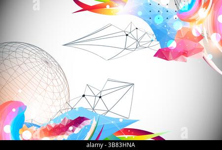 Opera d'arte astratta con onde colorate, forme poligonali e shphere wireframe. Vettore Illustrazione Vettoriale