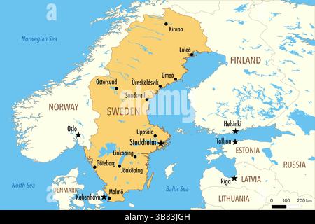 Mappa della Svezia con le principali città e i paesi vicini Foto Stock