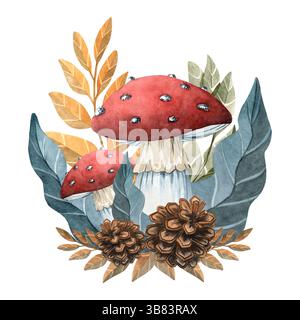 Fungo acquerello con foglie sullo sfondo per illustrazioni fiabesche, bambini, design Foto Stock