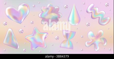 set di adesivi olografici 3d retro 90. Forme astratte cromate rosa in stile Y2K su sfondo sfumato. Estetica galassia del futuro, grafica 3D cromata a bolle. Set di adesivi metallici lucidi. Illustrazione Vettoriale