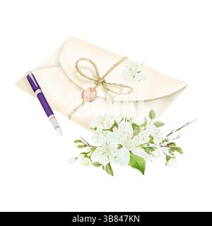 Una busta di carta sigillata con un sigillo di cera e una penna stilografica. Illustrazione acquerello. Busta rettangolare sigillata beige, legata con cordoncino e delicata Foto Stock
