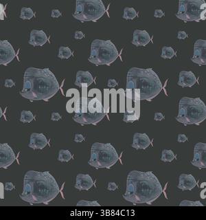 Pesce traslucido senza cuciture su sfondo scuro. Creature oceaniche simili a fantasmi nell'oscurità. Illustrazione ad acquerello disegnata a mano. Ottimo per il moderno Foto Stock