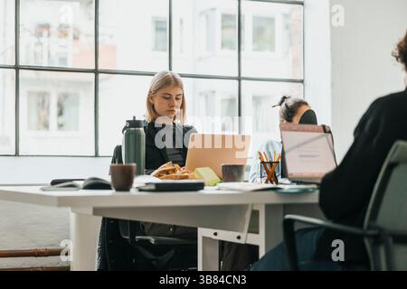 Imprenditrice di sesso femminile che utilizza un notebook mentre è seduta alla scrivania in ufficio Foto Stock